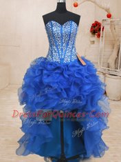 Attractive Four Piece Sweetheart Sleeveless Quinceanera Gown Floor Length Beading and Ruffles Royal Blue Organza