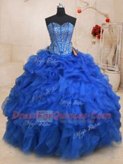 Attractive Four Piece Sweetheart Sleeveless Quinceanera Gown Floor Length Beading and Ruffles Royal Blue Organza