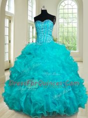 Excellent Four Piece Teal Lace Up Vestidos de Quinceanera Beading and Ruffles Sleeveless Floor Length