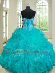 Excellent Four Piece Teal Lace Up Vestidos de Quinceanera Beading and Ruffles Sleeveless Floor Length