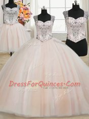 Custom Fit Three Piece Straps Beading Quinceanera Gowns Pink Zipper Sleeveless Floor Length