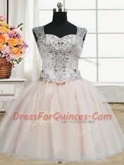 Custom Fit Three Piece Straps Beading Quinceanera Gowns Pink Zipper Sleeveless Floor Length