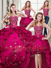 Four Piece Fuchsia Sleeveless Beading and Embroidery Floor Length Quince Ball Gowns