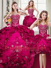 Four Piece Fuchsia Sleeveless Beading and Embroidery Floor Length Quince Ball Gowns