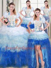 Glamorous Four Piece Multi-color Ball Gowns Appliques and Ruffles Quince Ball Gowns Lace Up Organza Sleeveless Floor Length