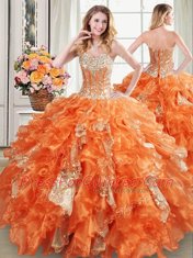 Orange Ball Gowns Beading and Ruffles and Sequins 15th Birthday Dress Lace Up Organza Sleeveless Floor Length