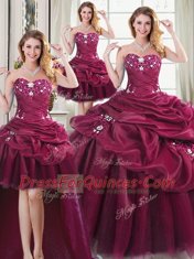 Four Piece Pick Ups Ball Gowns 15 Quinceanera Dress Burgundy Sweetheart Organza Sleeveless Floor Length Lace Up