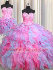 Fancy Three Piece Sweetheart Sleeveless Organza Quinceanera Dresses Beading and Ruffles Lace Up