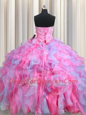 Fancy Three Piece Sweetheart Sleeveless Organza Quinceanera Dresses Beading and Ruffles Lace Up