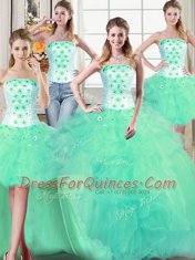 Nice Four Piece Turquoise Ball Gowns Beading and Appliques and Ruffles Quinceanera Dresses Lace Up Tulle Sleeveless Floor Length