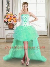 Nice Four Piece Turquoise Ball Gowns Beading and Appliques and Ruffles Quinceanera Dresses Lace Up Tulle Sleeveless Floor Length