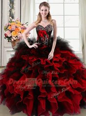 Dynamic Black and Red Sleeveless Floor Length Beading and Ruffles and Hand Made Flower Lace Up Quinceanera Gowns