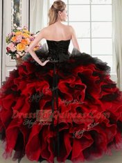 Dynamic Black and Red Sleeveless Floor Length Beading and Ruffles and Hand Made Flower Lace Up Quinceanera Gowns