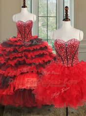 Custom Design Three Piece Sleeveless Organza Floor Length Lace Up Quinceanera Dress in Black and Red with Beading and Ruffled Layers