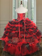 Custom Design Three Piece Sleeveless Organza Floor Length Lace Up Quinceanera Dress in Black and Red with Beading and Ruffled Layers