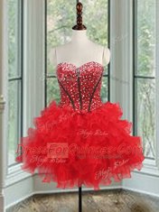 Custom Design Three Piece Sleeveless Organza Floor Length Lace Up Quinceanera Dress in Black and Red with Beading and Ruffled Layers