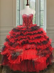 Custom Design Three Piece Sleeveless Organza Floor Length Lace Up Quinceanera Dress in Black and Red with Beading and Ruffled Layers