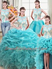 Fancy Four Piece Aqua Blue Ball Gowns Organza Scoop Sleeveless Beading and Ruffles Floor Length Lace Up 15th Birthday Dress