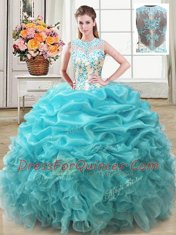 Fancy Four Piece Aqua Blue Ball Gowns Organza Scoop Sleeveless Beading and Ruffles Floor Length Lace Up 15th Birthday Dress