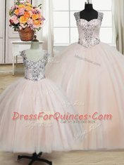 Pink Ball Gowns Straps Sleeveless Tulle Floor Length Zipper Beading 15 Quinceanera Dress