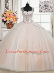 Pink Ball Gowns Straps Sleeveless Tulle Floor Length Zipper Beading 15 Quinceanera Dress