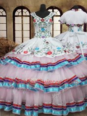 Low Price Straps White Sleeveless Embroidery and Ruffled Layers Floor Length Ball Gown Prom Dress