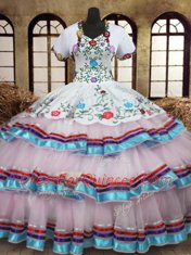 Low Price Straps White Sleeveless Embroidery and Ruffled Layers Floor Length Ball Gown Prom Dress