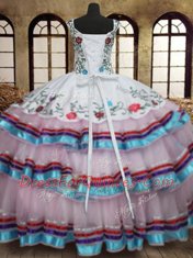 Low Price Straps White Sleeveless Embroidery and Ruffled Layers Floor Length Ball Gown Prom Dress