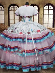 Low Price Straps White Sleeveless Embroidery and Ruffled Layers Floor Length Ball Gown Prom Dress