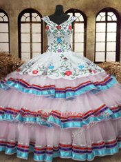 Low Price Straps White Sleeveless Embroidery and Ruffled Layers Floor Length Ball Gown Prom Dress