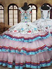 Low Price Straps White Sleeveless Embroidery and Ruffled Layers Floor Length Ball Gown Prom Dress