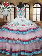 Low Price Straps White Sleeveless Embroidery and Ruffled Layers Floor Length Ball Gown Prom Dress