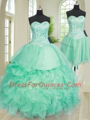 Enchanting Three Piece Turquoise Organza Lace Up Sweetheart Sleeveless Floor Length 15 Quinceanera Dress Beading and Ruffles
