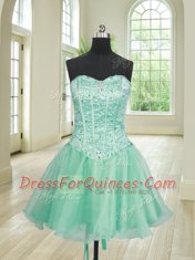 Enchanting Three Piece Turquoise Organza Lace Up Sweetheart Sleeveless Floor Length 15 Quinceanera Dress Beading and Ruffles