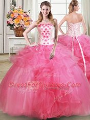 Beading and Appliques and Ruffles Quinceanera Dress Hot Pink Lace Up Sleeveless Floor Length