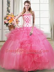 Beading and Appliques and Ruffles Quinceanera Dress Hot Pink Lace Up Sleeveless Floor Length