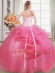 Beading and Appliques and Ruffles Quinceanera Dress Hot Pink Lace Up Sleeveless Floor Length