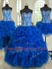 Four Piece Floor Length Royal Blue Quinceanera Gowns Sweetheart Sleeveless Lace Up