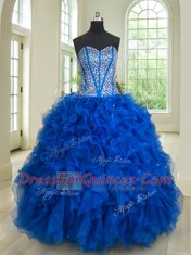 Four Piece Floor Length Royal Blue Quinceanera Gowns Sweetheart Sleeveless Lace Up