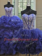 Attractive Three Piece Royal Blue Sleeveless Floor Length Beading and Ruffles Lace Up Ball Gown Prom Dress