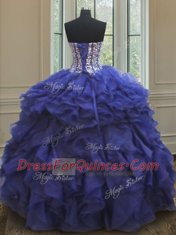 Attractive Three Piece Royal Blue Sleeveless Floor Length Beading and Ruffles Lace Up Ball Gown Prom Dress