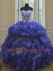 Attractive Three Piece Royal Blue Sleeveless Floor Length Beading and Ruffles Lace Up Ball Gown Prom Dress