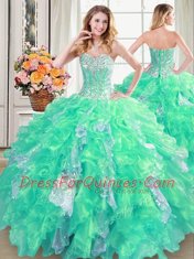 Floor Length Lace Up Sweet 16 Quinceanera Dress Turquoise for Military Ball and Sweet 16 and Quinceanera with Beading and Ruffles and Sequins