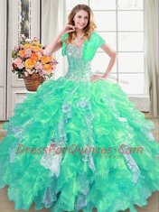 Floor Length Lace Up Sweet 16 Quinceanera Dress Turquoise for Military Ball and Sweet 16 and Quinceanera with Beading and Ruffles and Sequins