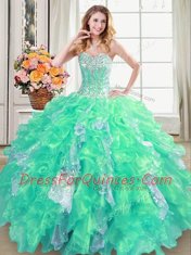 Floor Length Lace Up Sweet 16 Quinceanera Dress Turquoise for Military Ball and Sweet 16 and Quinceanera with Beading and Ruffles and Sequins
