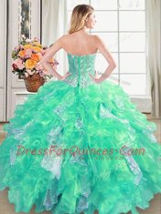 Floor Length Lace Up Sweet 16 Quinceanera Dress Turquoise for Military Ball and Sweet 16 and Quinceanera with Beading and Ruffles and Sequins