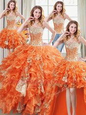 Four Piece Sequins Ball Gowns 15 Quinceanera Dress Orange Sweetheart Organza Sleeveless Floor Length Lace Up