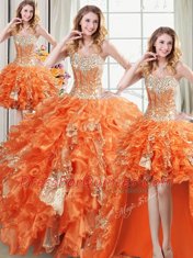 Four Piece Sequins Ball Gowns 15 Quinceanera Dress Orange Sweetheart Organza Sleeveless Floor Length Lace Up