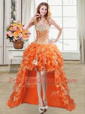 Four Piece Sequins Ball Gowns 15 Quinceanera Dress Orange Sweetheart Organza Sleeveless Floor Length Lace Up