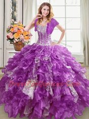 Luxury Sweetheart Sleeveless Sweet 16 Dresses Floor Length Beading and Ruffles and Sequins Purple Organza